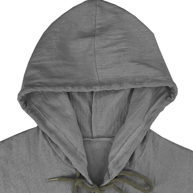 Buddha Stones Solid Color Long Sleeve Hooded Drawstring Buttons Linen Men's Shirt - image 14