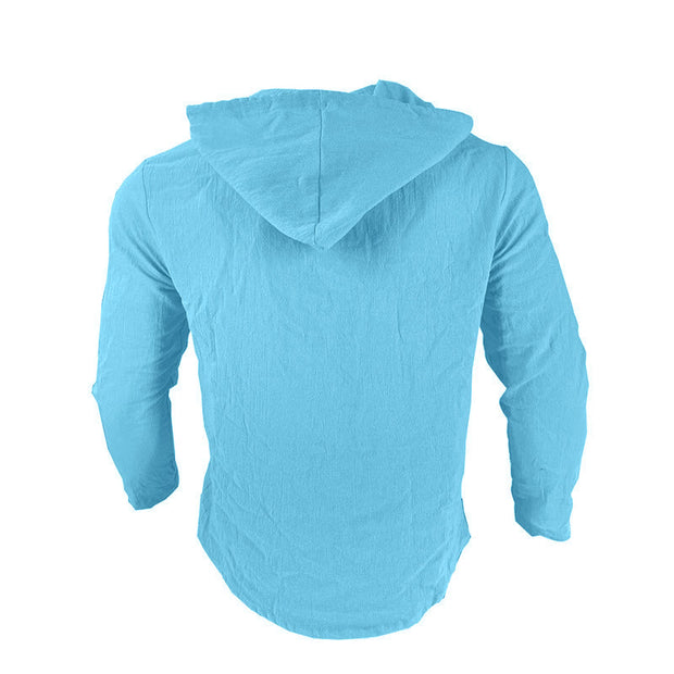 Buddha Stones Solid Color Long Sleeve Hooded Drawstring Buttons Linen Men's Shirt - image 19
