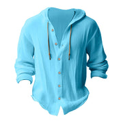Buddha Stones Solid Color Long Sleeve Hooded Drawstring Buttons Linen Men's Shirt - image 20