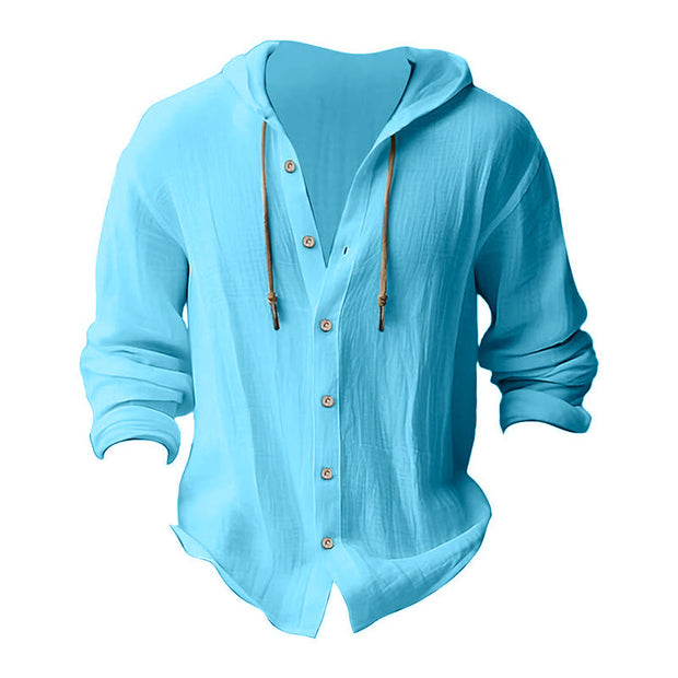 Buddha Stones Solid Color Long Sleeve Hooded Drawstring Buttons Linen Men's Shirt - image 20