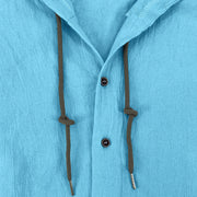 Buddha Stones Solid Color Long Sleeve Hooded Drawstring Buttons Linen Men's Shirt - image 22