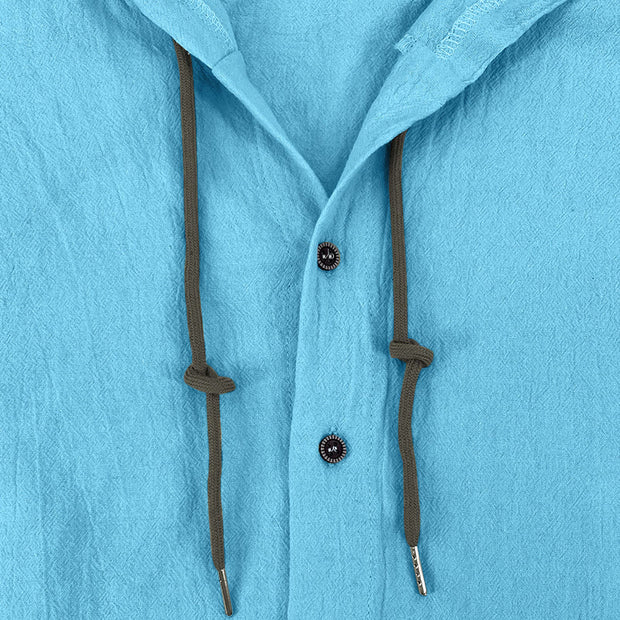 Buddha Stones Solid Color Long Sleeve Hooded Drawstring Buttons Linen Men's Shirt - image 22