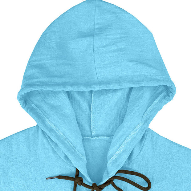 Buddha Stones Solid Color Long Sleeve Hooded Drawstring Buttons Linen Men's Shirt - image 21