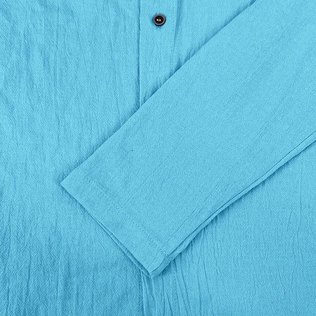 Buddha Stones Solid Color Long Sleeve Hooded Drawstring Buttons Linen Men's Shirt - image 23