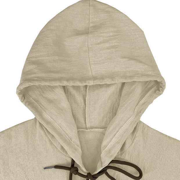 Buddha Stones Solid Color Long Sleeve Hooded Drawstring Buttons Linen Men's Shirt - image 28
