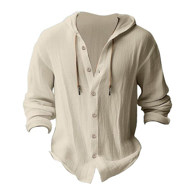 Buddha Stones Solid Color Long Sleeve Hooded Drawstring Buttons Linen Men's Shirt - image 26