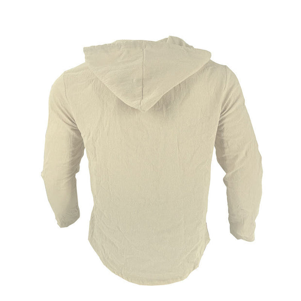 Buddha Stones Solid Color Long Sleeve Hooded Drawstring Buttons Linen Men's Shirt - image 27