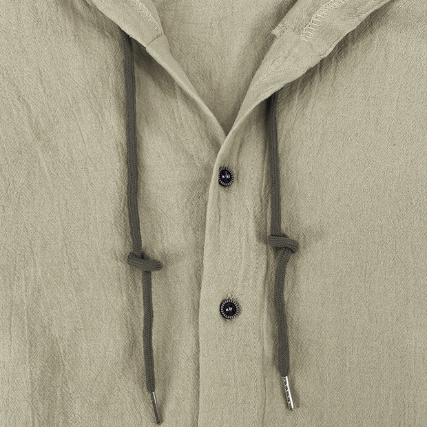 Buddha Stones Solid Color Long Sleeve Hooded Drawstring Buttons Linen Men's Shirt - image 29