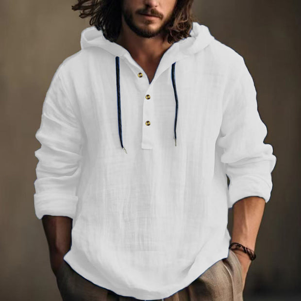 Buddha Stones Solid Color Fall Half Buttons Men's Hooded Long Sleeve Cotton Shirt - White - US/UK/AU46，EU56 (3XL) - image 1