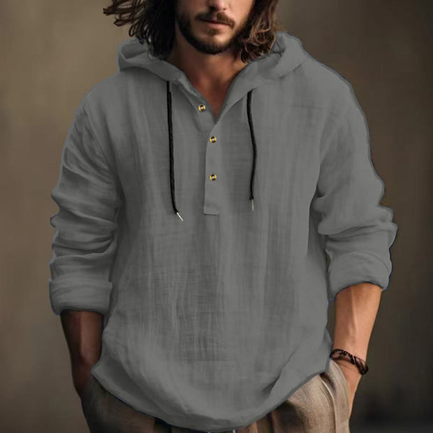 Buddha Stones Solid Color Fall Half Buttons Men's Hooded Long Sleeve Cotton Shirt - DarkGray - US/UK/AU46，EU56 (3XL) - image 17