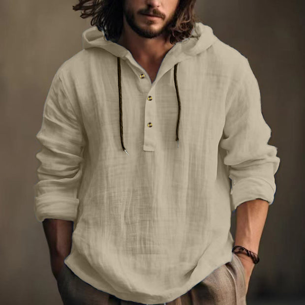 Buddha Stones Solid Color Fall Half Buttons Men's Hooded Long Sleeve Cotton Shirt - Beige - US/UK/AU46，EU56 (3XL) - image 25