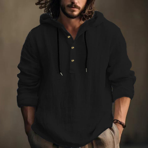 Buddha Stones Solid Color Fall Half Buttons Men's Hooded Long Sleeve Cotton Shirt - Black - US/UK/AU46，EU56 (3XL) - image 9