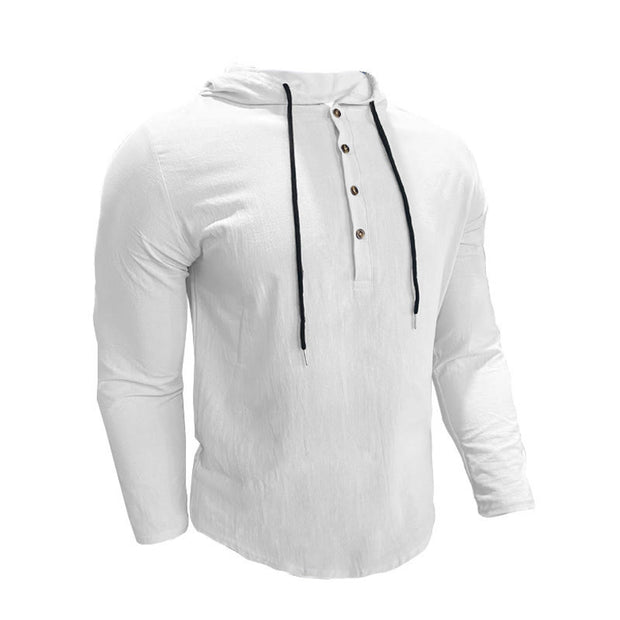 Buddha Stones Solid Color Fall Half Buttons Men's Hooded Long Sleeve Cotton Shirt - image 4