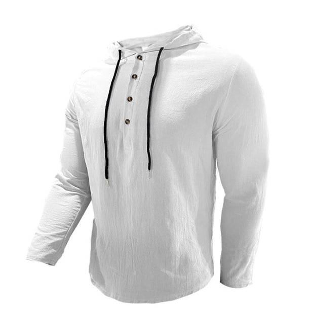 Buddha Stones Solid Color Fall Half Buttons Men's Hooded Long Sleeve Cotton Shirt - image 5