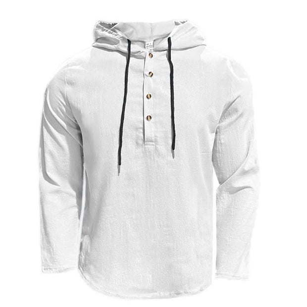 Buddha Stones Solid Color Fall Half Buttons Men's Hooded Long Sleeve Cotton Shirt - image 2
