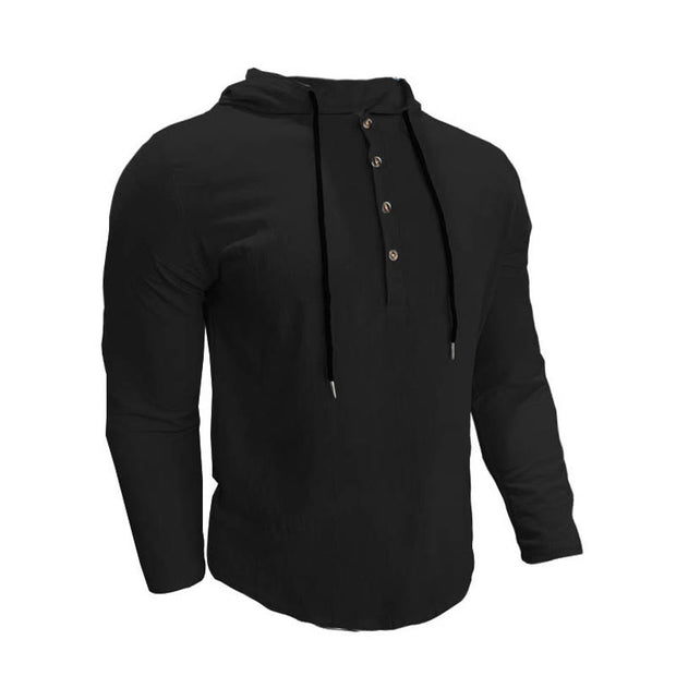 Buddha Stones Solid Color Fall Half Buttons Men's Hooded Long Sleeve Cotton Shirt - image 12