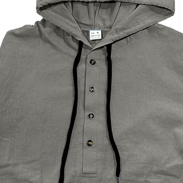 Buddha Stones Solid Color Fall Half Buttons Men's Hooded Long Sleeve Cotton Shirt - image 11