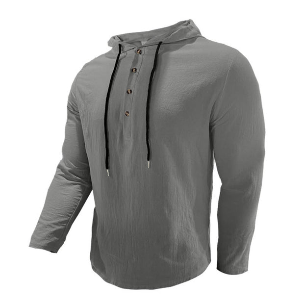 Buddha Stones Solid Color Fall Half Buttons Men's Hooded Long Sleeve Cotton Shirt - image 21