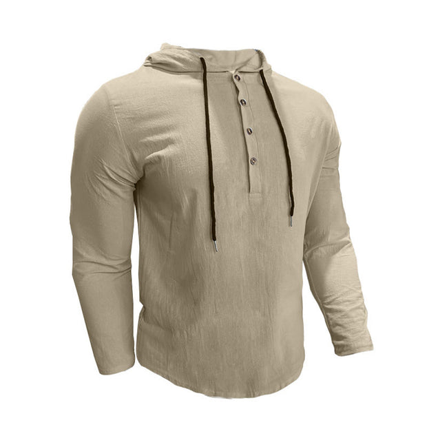 Buddha Stones Solid Color Fall Half Buttons Men's Hooded Long Sleeve Cotton Shirt - image 28