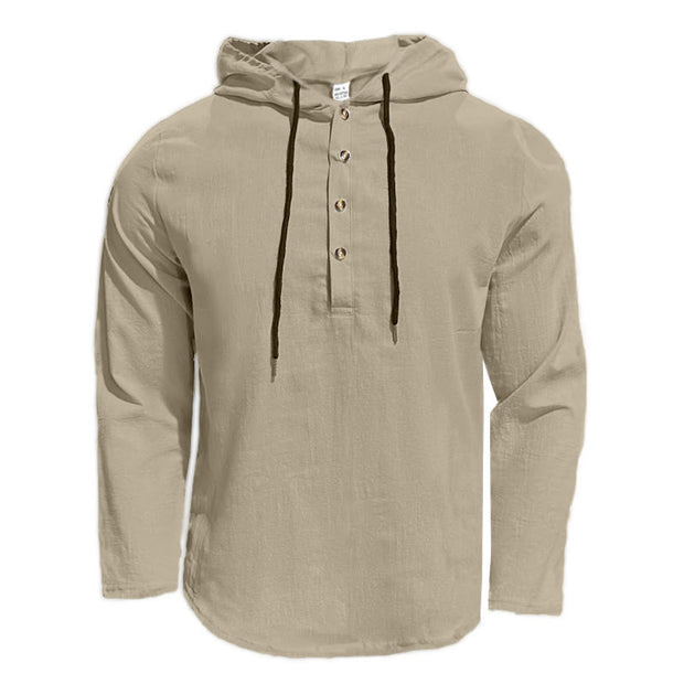 Buddha Stones Solid Color Fall Half Buttons Men's Hooded Long Sleeve Cotton Shirt - image 26