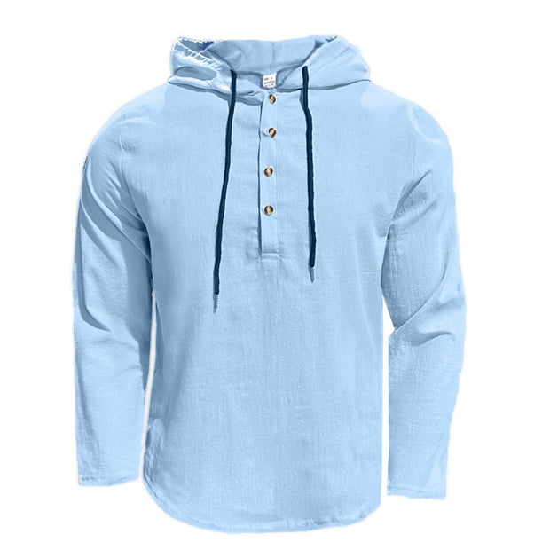 Buddha Stones Solid Color Fall Half Buttons Men's Hooded Long Sleeve Cotton Shirt - image 34