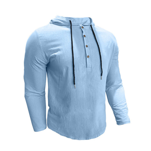 Buddha Stones Solid Color Fall Half Buttons Men's Hooded Long Sleeve Cotton Shirt - image 36