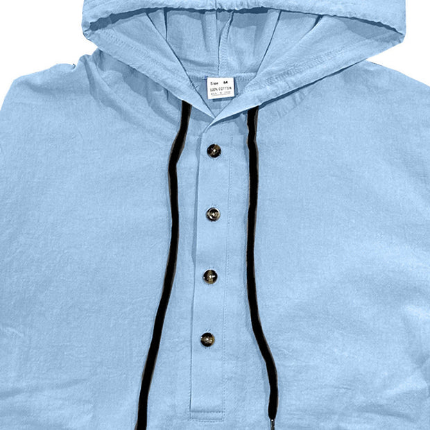 Buddha Stones Solid Color Fall Half Buttons Men's Hooded Long Sleeve Cotton Shirt - image 38