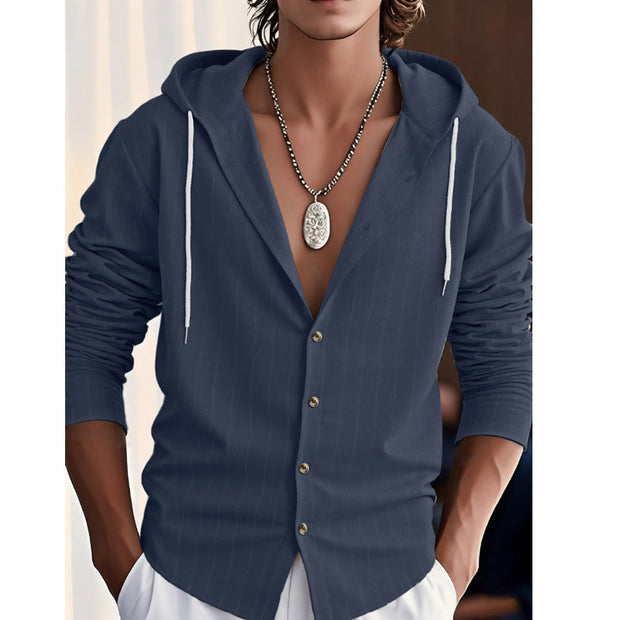 Buddha Stones Solid Long Sleeve Hooded Stripes Drawstring Buttons Linen Men's Shirt - image 6