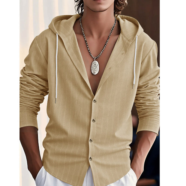 Buddha Stones Solid Long Sleeve Hooded Stripes Drawstring Buttons Linen Men's Shirt - image 27