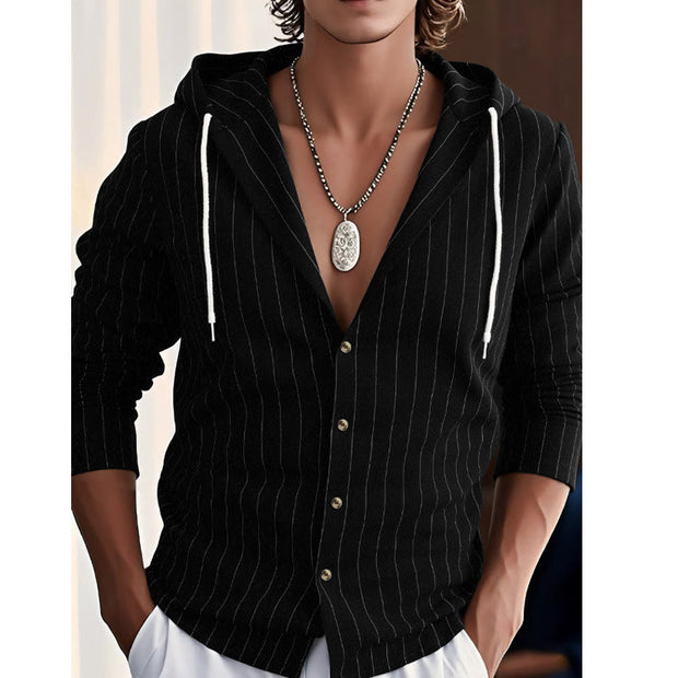 Buddha Stones Solid Long Sleeve Hooded Stripes Drawstring Buttons Linen Men's Shirt - image 20