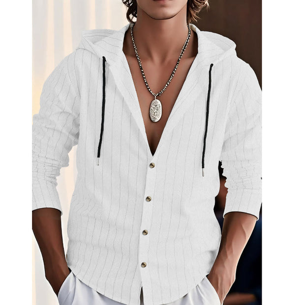 Buddha Stones Solid Long Sleeve Hooded Stripes Drawstring Buttons Linen Men's Shirt - image 14