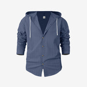 Buddha Stones Solid Long Sleeve Hooded Stripes Drawstring Buttons Linen Men's Shirt - SteelBlue - US/UK/AU46，EU56 (3XL) - image 1