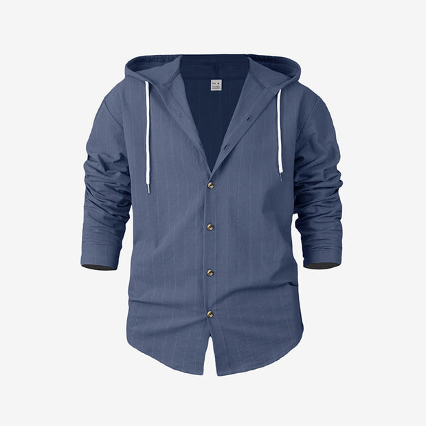 Buddha Stones Solid Long Sleeve Hooded Stripes Drawstring Buttons Linen Men's Shirt - SteelBlue - US/UK/AU46，EU56 (3XL) - image 1