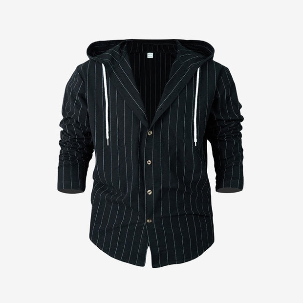 Buddha Stones Solid Long Sleeve Hooded Stripes Drawstring Buttons Linen Men's Shirt - Black - US/UK/AU46，EU56 (3XL) - image 15