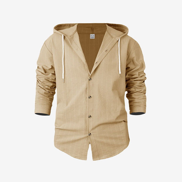 Buddha Stones Solid Long Sleeve Hooded Stripes Drawstring Buttons Linen Men's Shirt - Wheat - US/UK/AU46，EU56 (3XL) - image 22