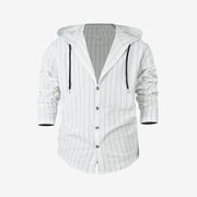 Buddha Stones Solid Long Sleeve Hooded Stripes Drawstring Buttons Linen Men's Shirt - White - US/UK/AU46，EU56 (3XL) - image 8