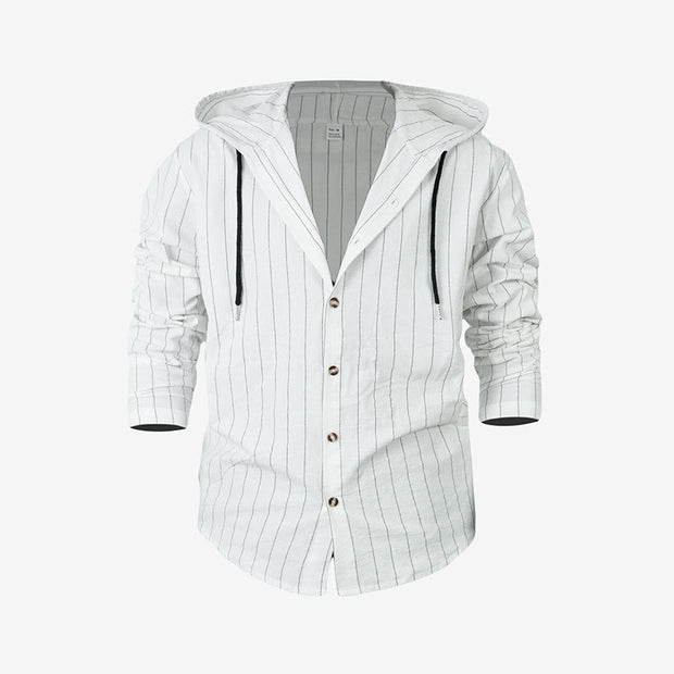 Buddha Stones Solid Long Sleeve Hooded Stripes Drawstring Buttons Linen Men's Shirt - White - US/UK/AU46，EU56 (3XL) - image 8