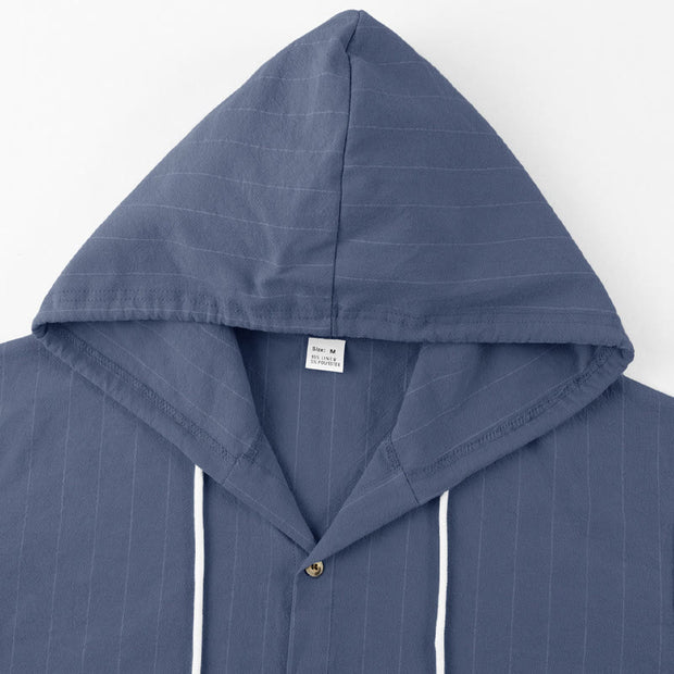 Buddha Stones Solid Long Sleeve Hooded Stripes Drawstring Buttons Linen Men's Shirt - image 3