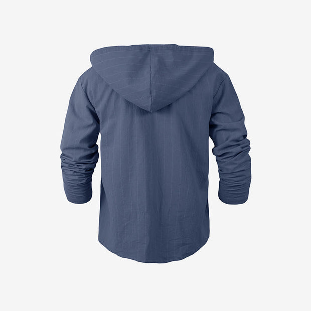 Buddha Stones Solid Long Sleeve Hooded Stripes Drawstring Buttons Linen Men's Shirt - image 2