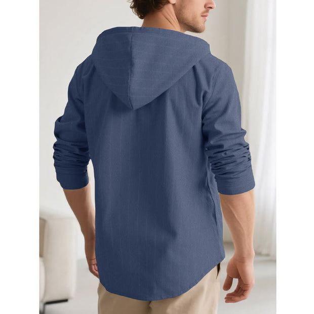 Buddha Stones Solid Long Sleeve Hooded Stripes Drawstring Buttons Linen Men's Shirt - image 7