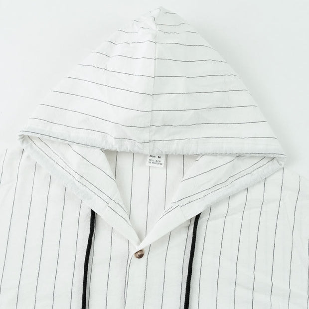 Buddha Stones Solid Long Sleeve Hooded Stripes Drawstring Buttons Linen Men's Shirt - image 10