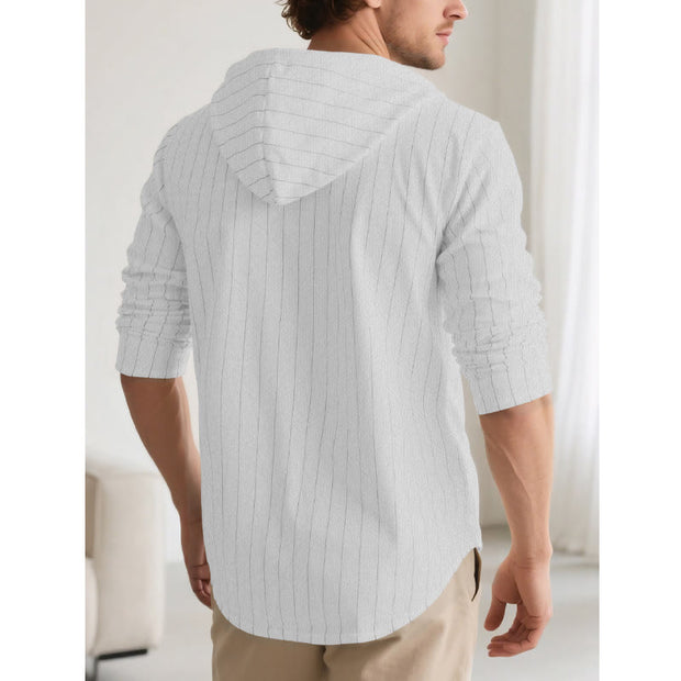 Buddha Stones Solid Long Sleeve Hooded Stripes Drawstring Buttons Linen Men's Shirt - image 13