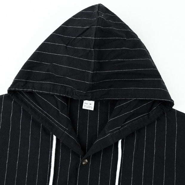 Buddha Stones Solid Long Sleeve Hooded Stripes Drawstring Buttons Linen Men's Shirt - image 17
