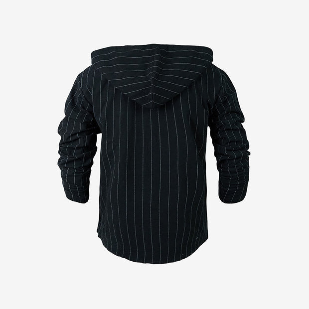 Buddha Stones Solid Long Sleeve Hooded Stripes Drawstring Buttons Linen Men's Shirt - image 16