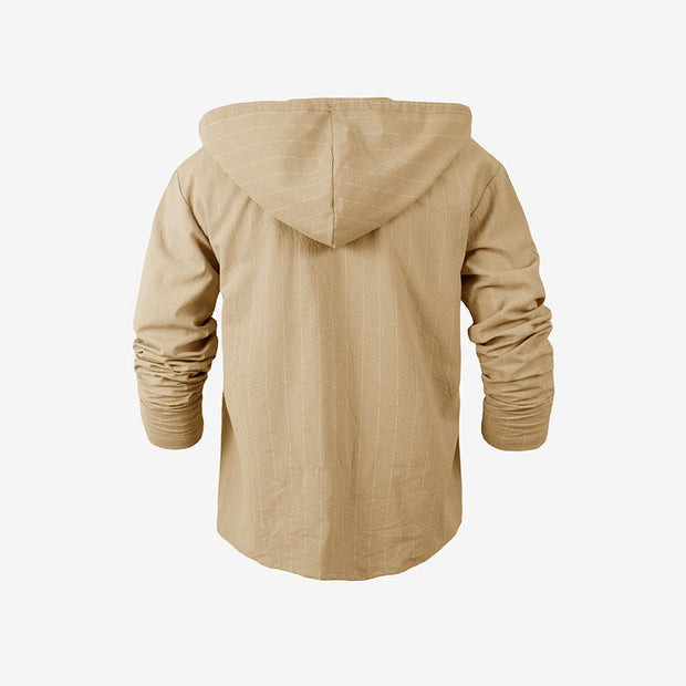 Buddha Stones Solid Long Sleeve Hooded Stripes Drawstring Buttons Linen Men's Shirt - image 23