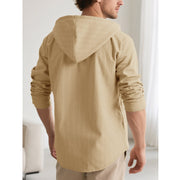 Buddha Stones Solid Long Sleeve Hooded Stripes Drawstring Buttons Linen Men's Shirt - image 28