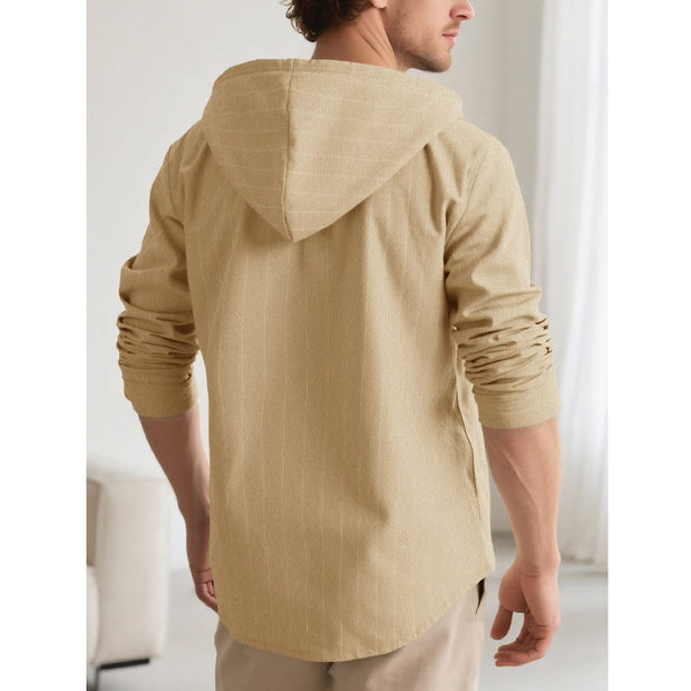 Buddha Stones Solid Long Sleeve Hooded Stripes Drawstring Buttons Linen Men's Shirt - image 28