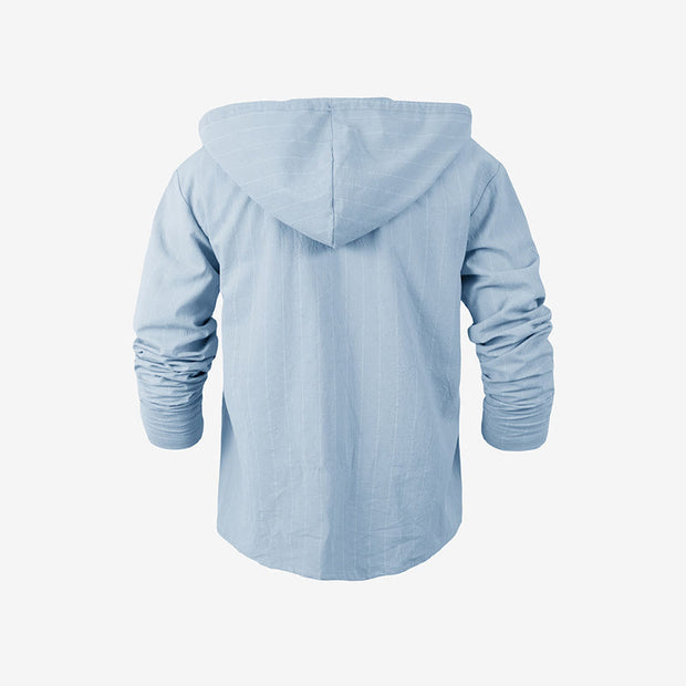 Buddha Stones Solid Long Sleeve Hooded Stripes Drawstring Buttons Linen Men's Shirt - image 30
