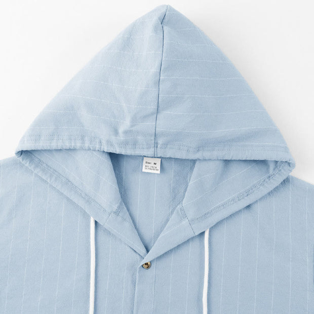 Buddha Stones Solid Long Sleeve Hooded Stripes Drawstring Buttons Linen Men's Shirt - image 31