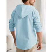 Buddha Stones Solid Long Sleeve Hooded Stripes Drawstring Buttons Linen Men's Shirt - image 35